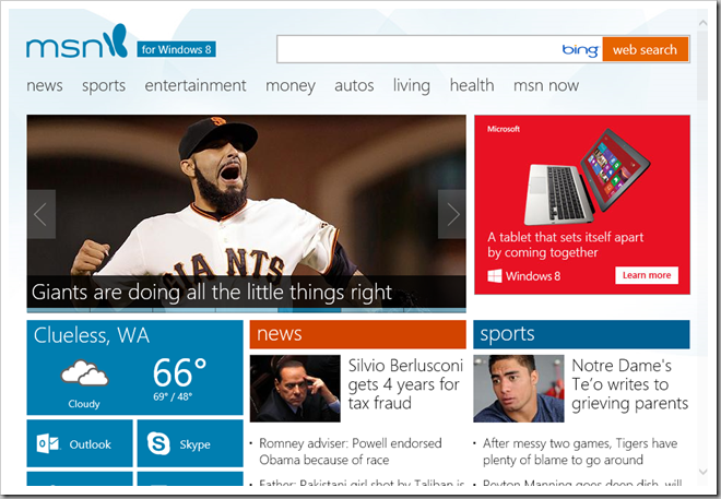 Windows 8 MSN Website Desktop